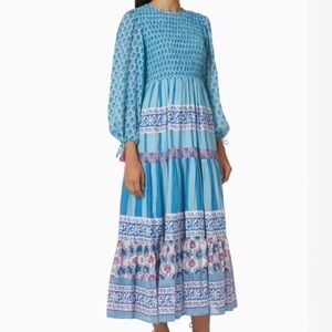 Oliphant Smocked-Top Blue Long Sleeve Maxi Dress sz Medium M